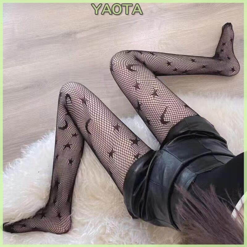 Meias-calças de renda estampada Yao, leggings de rede de cintura alta, meias fluidas, meias-calças de cano alto LBHS