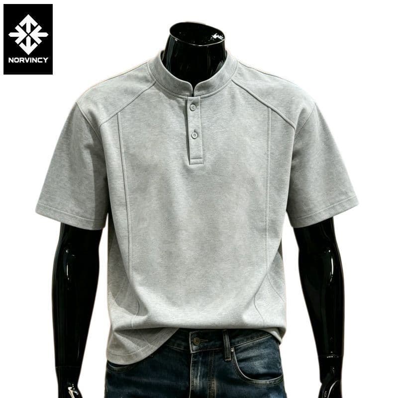 Verão Henry Collar Camiseta de manga curta masculina Street Wear costura americana Casual Stand-Up Col