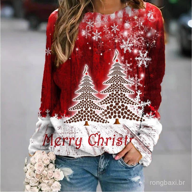 Nova moda divertida fofa feminina pelúcia Papai Noel outono inverno moletom listrado.