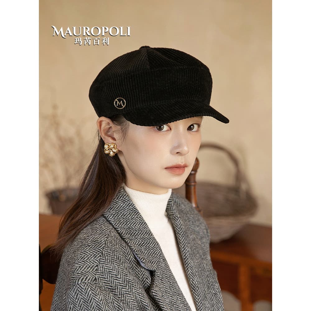 Outono inverno puro algodão boné senhoras 2026 novo estilo moda All-Match Newsboy chapéu preto veludo quente octogonal c