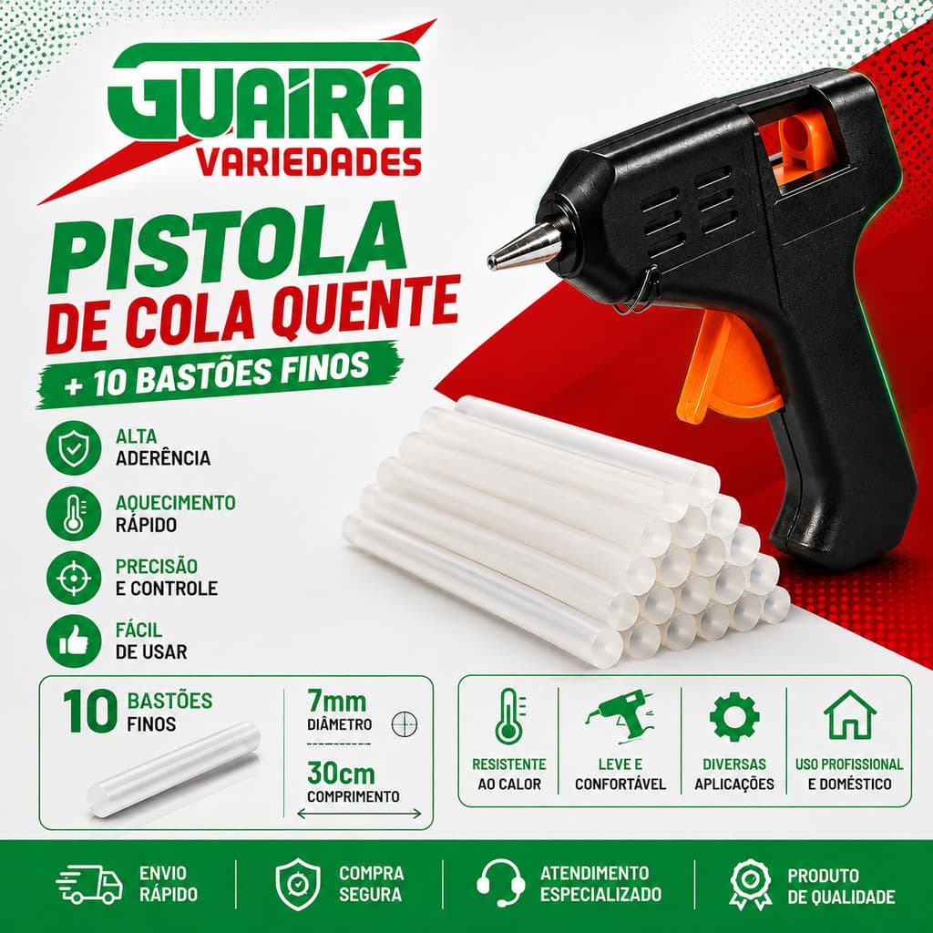 Kit Pistola de Cola Quente + 10 Bastões Finos 7mm x 30cm Artesanato
