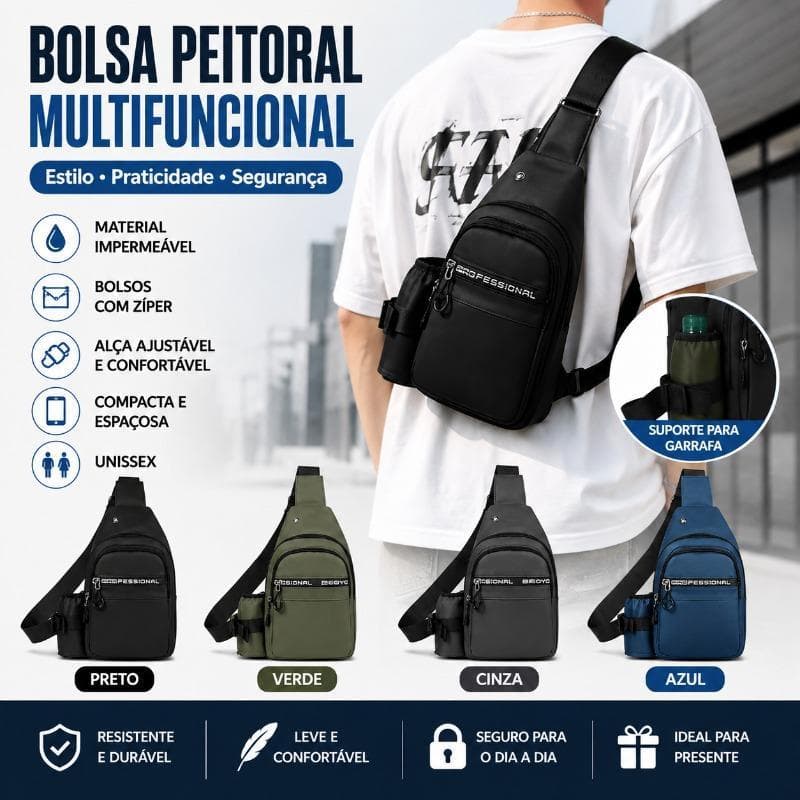 Bolsa Peitoral Transversal Masculina Multifuncional Impermeável com Porta Garrafa, Alça Ajustável
