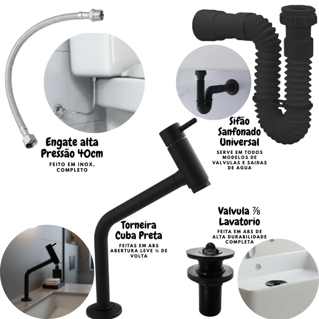 Kit para Lavatório/Banheiro Torneira + Válvula + Sifão + Engate - Black/Preto cuba sobrepor bancada