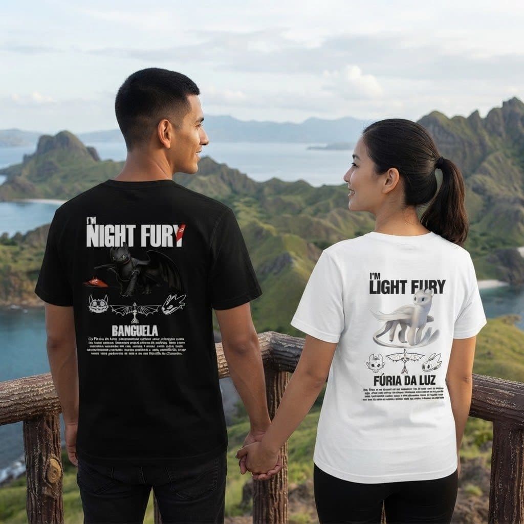 Kit Conjunto Camisetas Casal "Banguela e Furia da Luz" Estilo Conforto para presentear