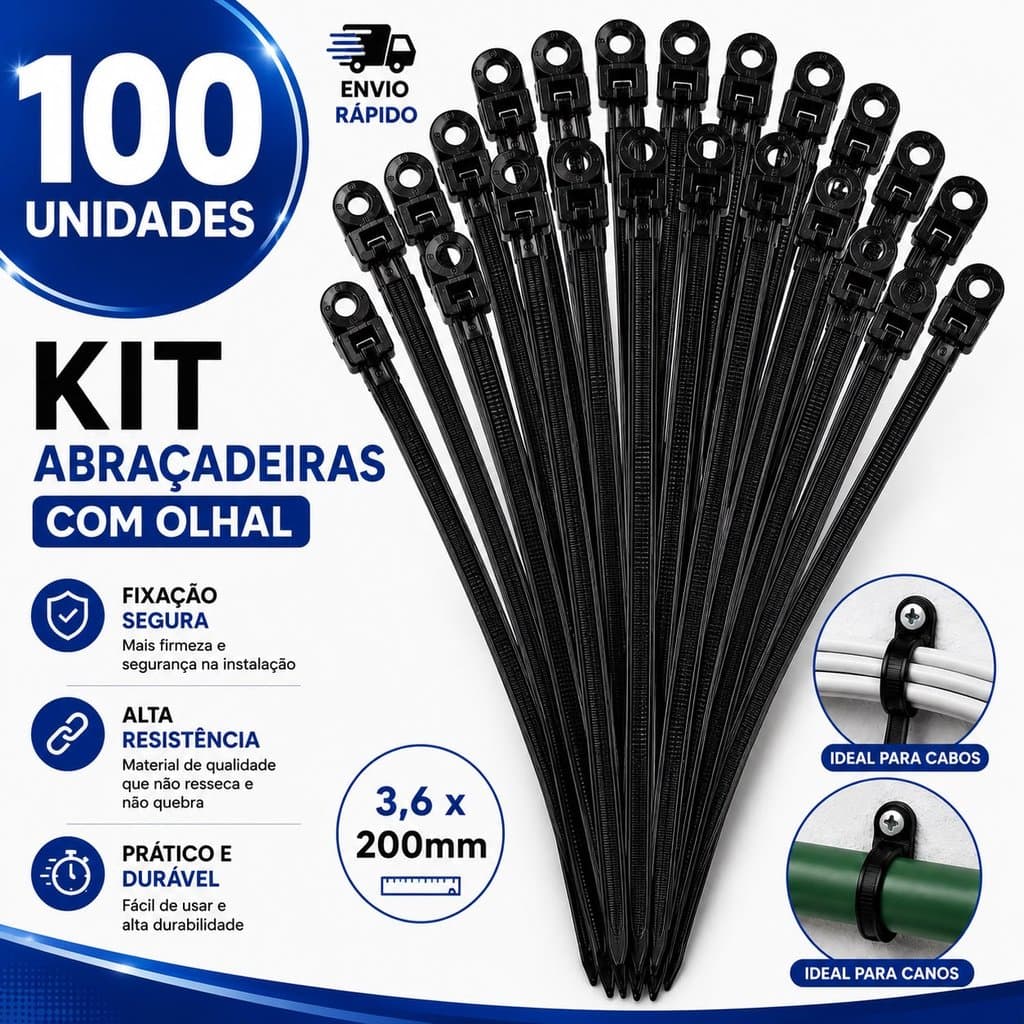 Combo Abraçadeiras Com Olhal Nylon 3,6 X200MM e 3,6X150MM Enforca Gato Cinta Plástica Multiuso Praticidade