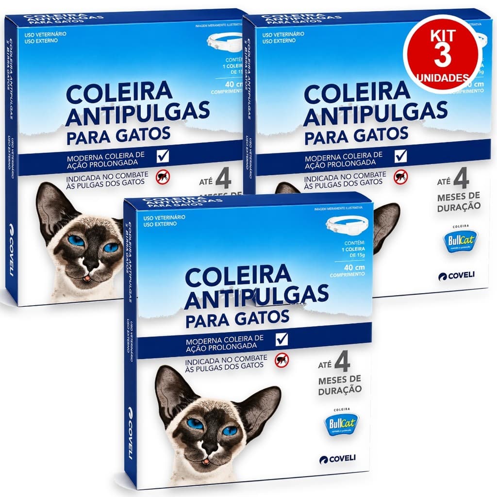 Bullcat Coleira Antipulgas Coveli para Gatos - 15 g - Kit 3un - Val:Nov-26