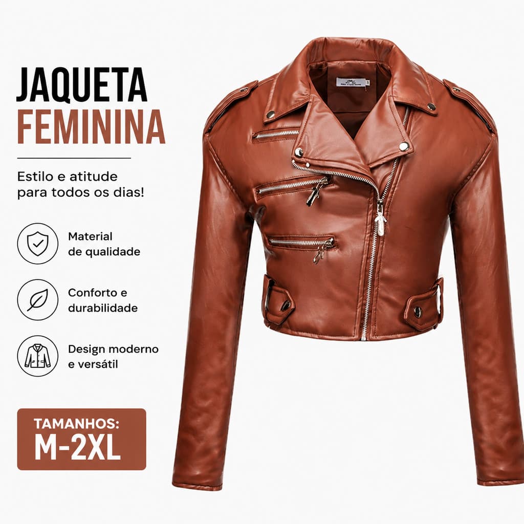 Jaqueta Feminina De Couro PU Para Motociclista , Casaco Recortado Motocicleta , Slim Fit De Manga Comprida Casual M-2XL