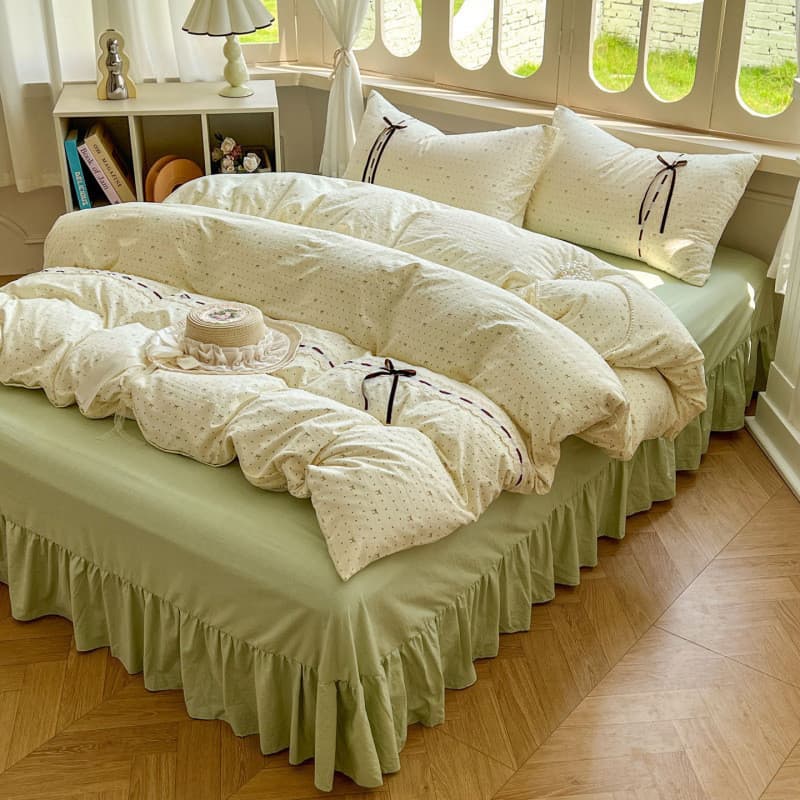 Saia de cama estilo arco sarja de seda fina versão coreana conjunto de quatro peças