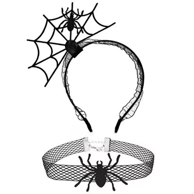 Kit Tiara Teia De Aranha Acessório Colar Renda Gótica Halloween Fantasia Vampiro Dia Das Bruxas