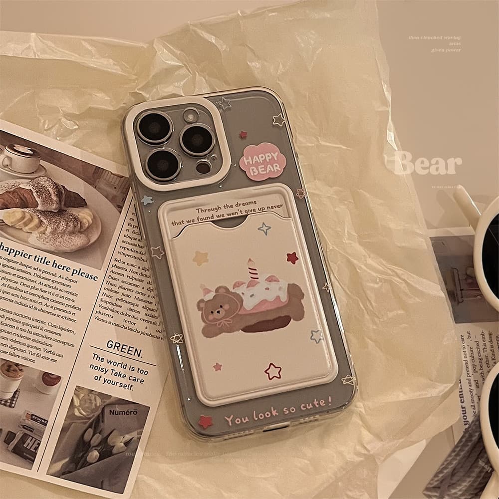 Capa porta-cartões estilo coreano com design de urso, adequada para Apple 15 Pro Max, iPhone 17 transparente, 16 com cob