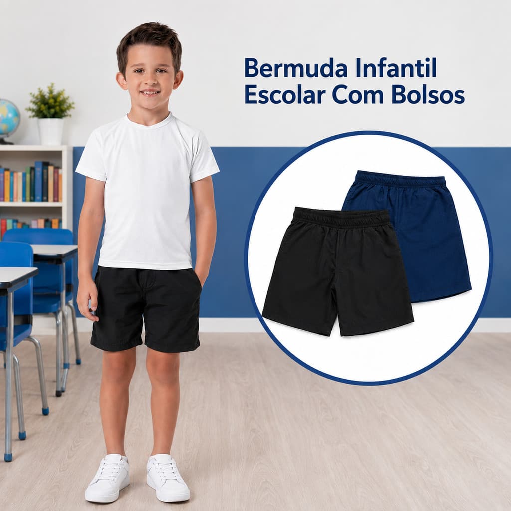 Bermuda Infantil Menino Escolar Conforto com Bolsos