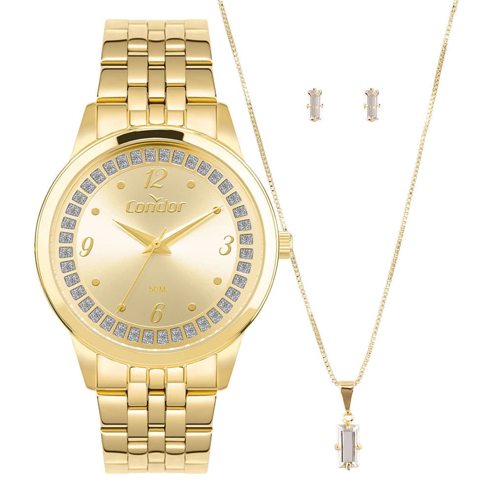 Kit Relógio Condor Feminino Brilho Dourado - CO2035NUD/K4X