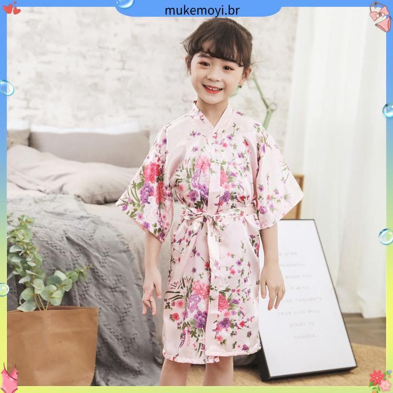 Meninas pijamas estilo fino crianças camisola verão gelo seda Cardigan pequeno roupão Floral