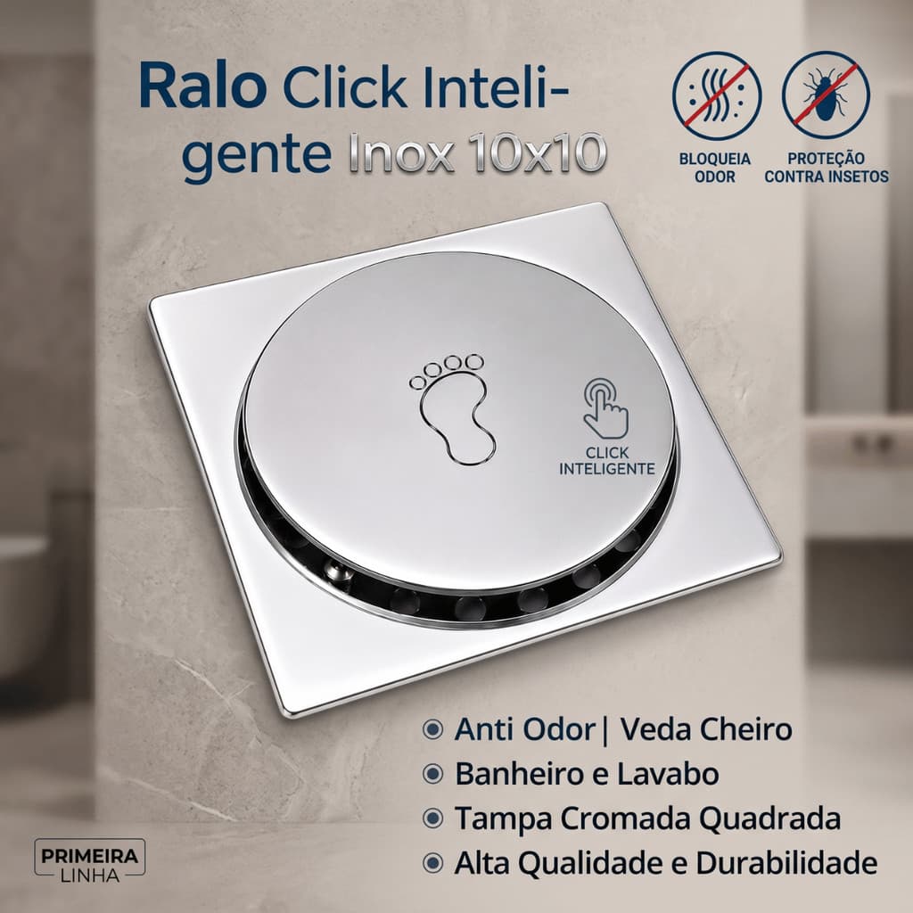 Ralo Click Inteligente Inox 10x10 Banheiro Anti Odor Veda Cheiro Lavabo Cromado Quadrado Kit 1/2/4