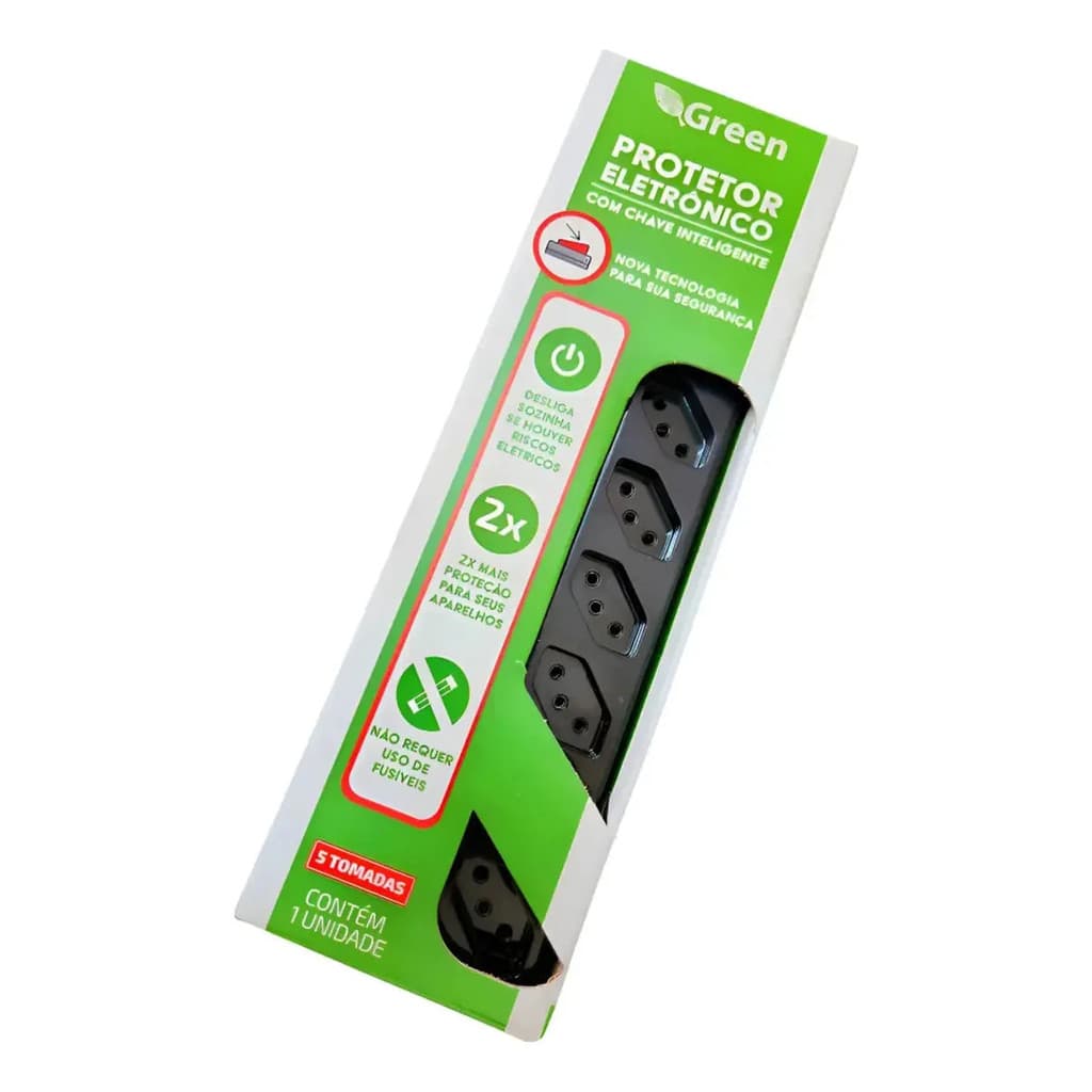 Protetor Eletrônico Com Chave Inteligente 5 Tomadas Green Preto 110/220v
