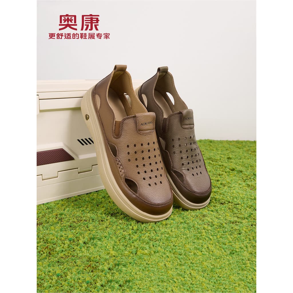 Okcom sandálias masculinas 2026 novo estilo verão de alta qualidade buraco sapatos couro genuíno sola macia Baotou verão