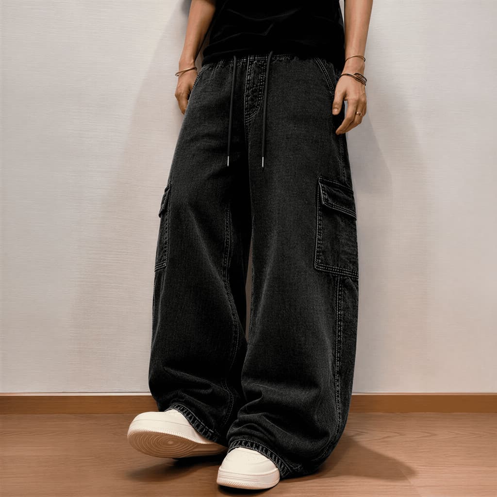 Calça Cargo Masculina 6 Bolsos Streetwear Sarja Casual Militar Urbana Larga Skate Hip Hop Confortável Moda Masculina