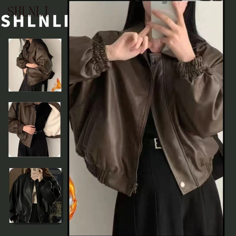 Primavera Outono Solto Recortado Jaqueta De Couro Do Plutônio Feminino Gola Zip Elástico Manguito Retro Motociclista Cas