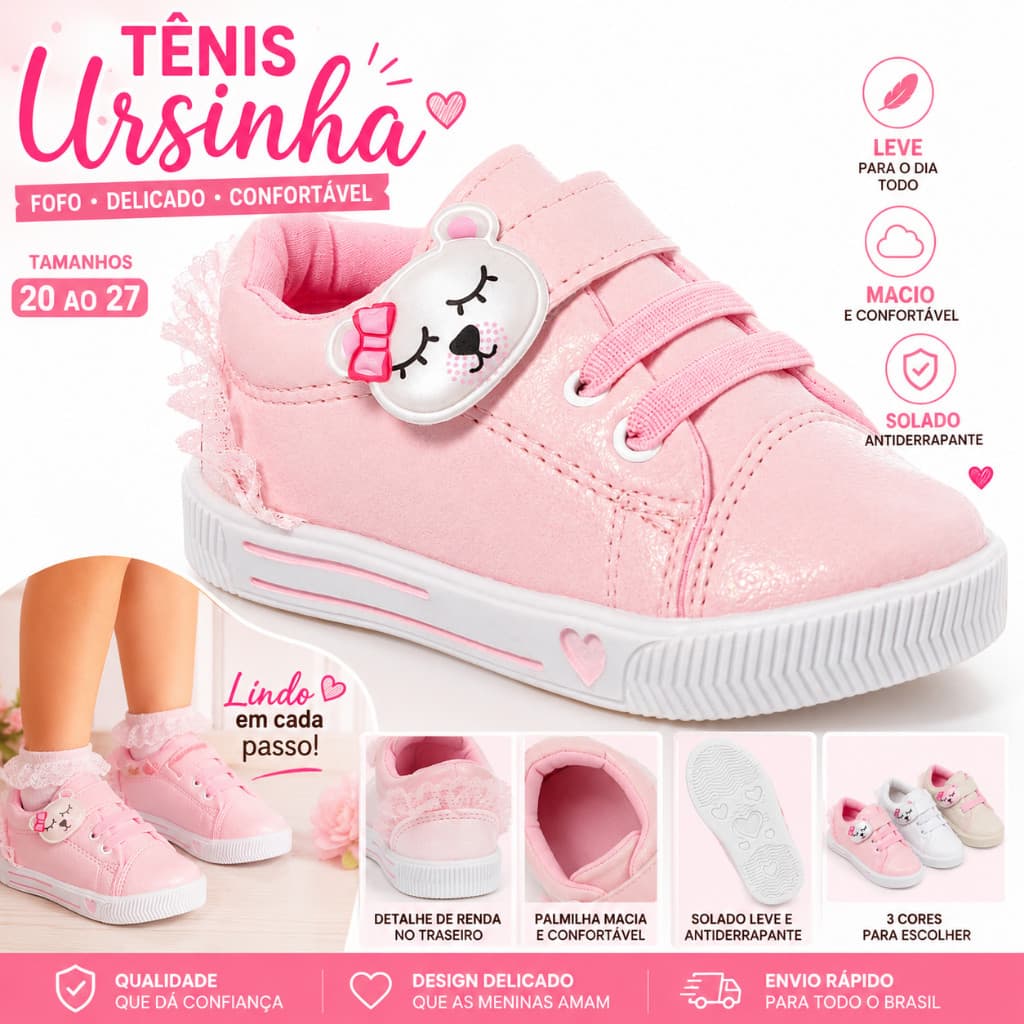 Tênis Infantil  Menina Ursinho Leve Para Passeio