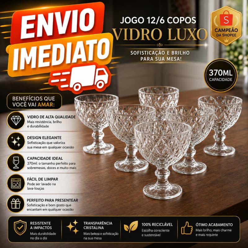 Jogo 6 Taças De Vidro Sorvete Sobremesa Diamond Clear 310ml