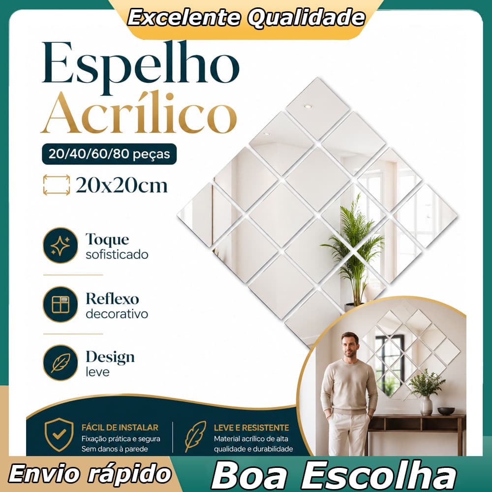 Azulejos de Espelho Acrílico 20/40/60/80 Peças, Combine para Mural, Loja de Roupas, Quarto e Banheiro Moderno Útil