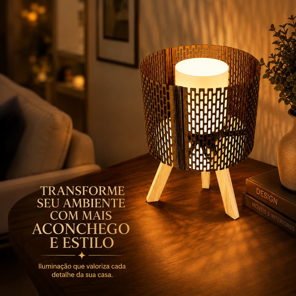 Abajur Luminária de Mesa para Quarto Sala Escritório Madeira Pinus e MDF Bivolt
