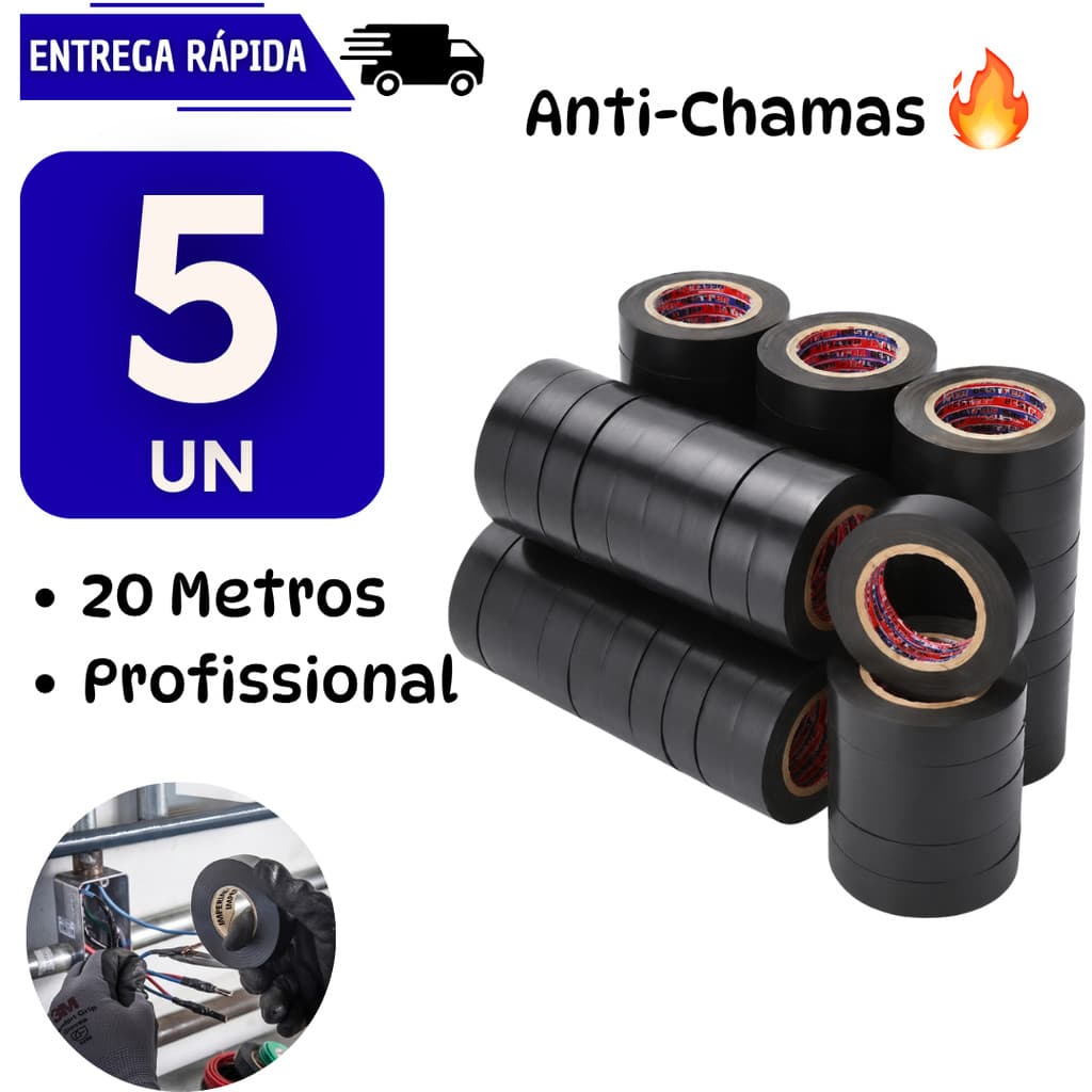 5 Fita Isolante Preta 20 metros Anti Chamas Instalação Elétrica Alta Resistente Fitas Fio Fogo Cabos