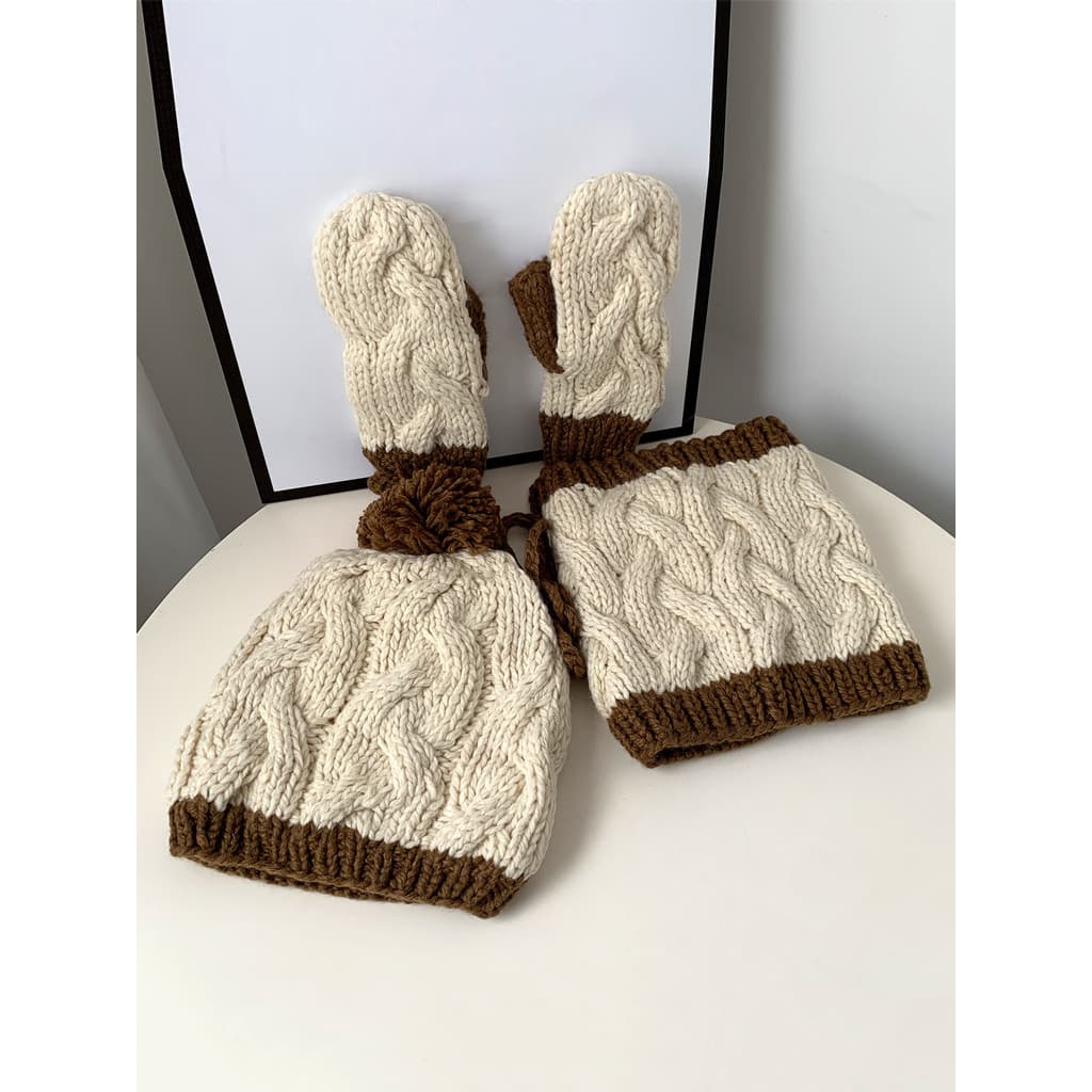 Versão coreana bonito chapéu de lã de malha luvas babador conjunto de três peças feminino inverno forro de lã engrossado
