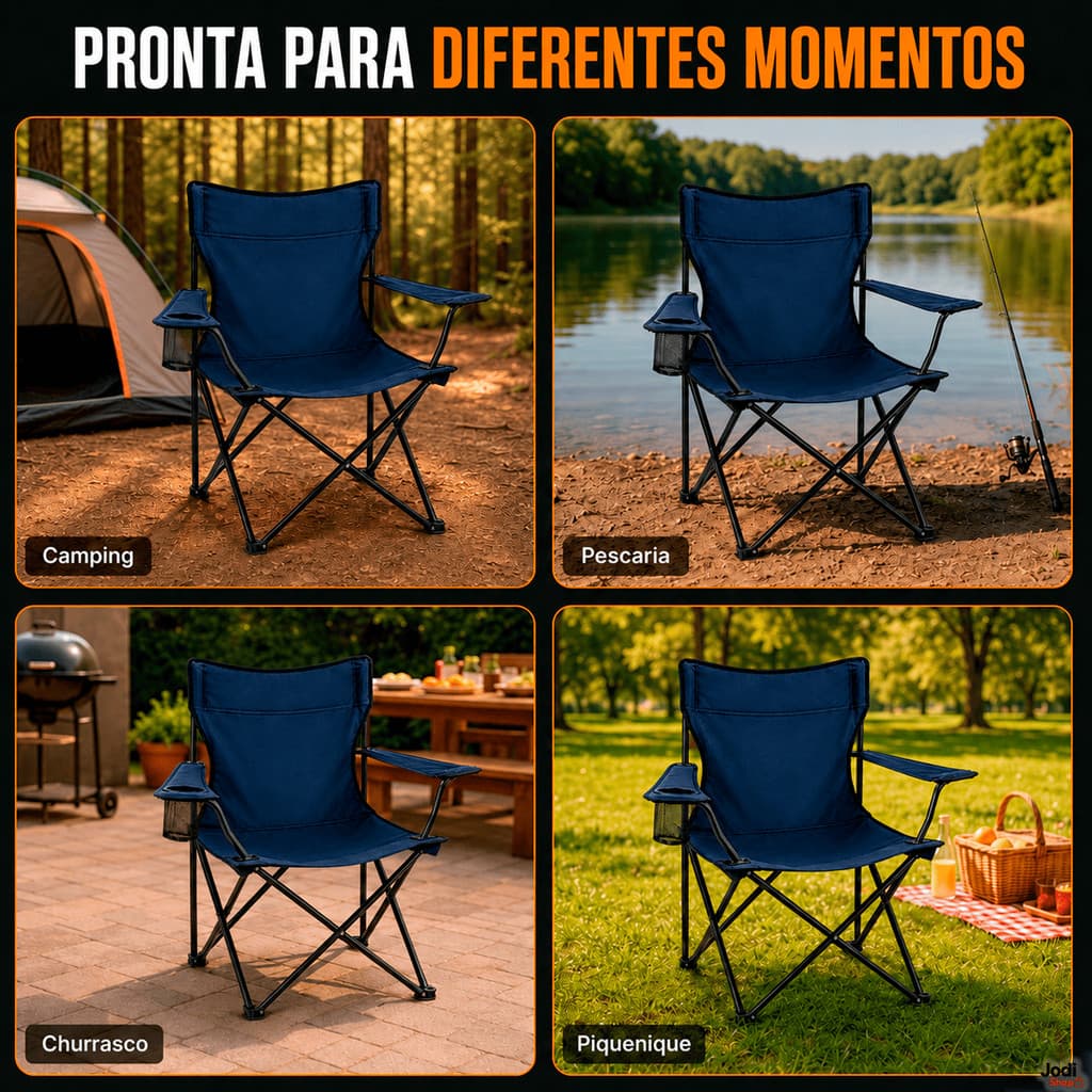 Cadeira Dobrável Camping 100kg com Estrutura de Aço, Porta-Copos e Bolsa de Transporte