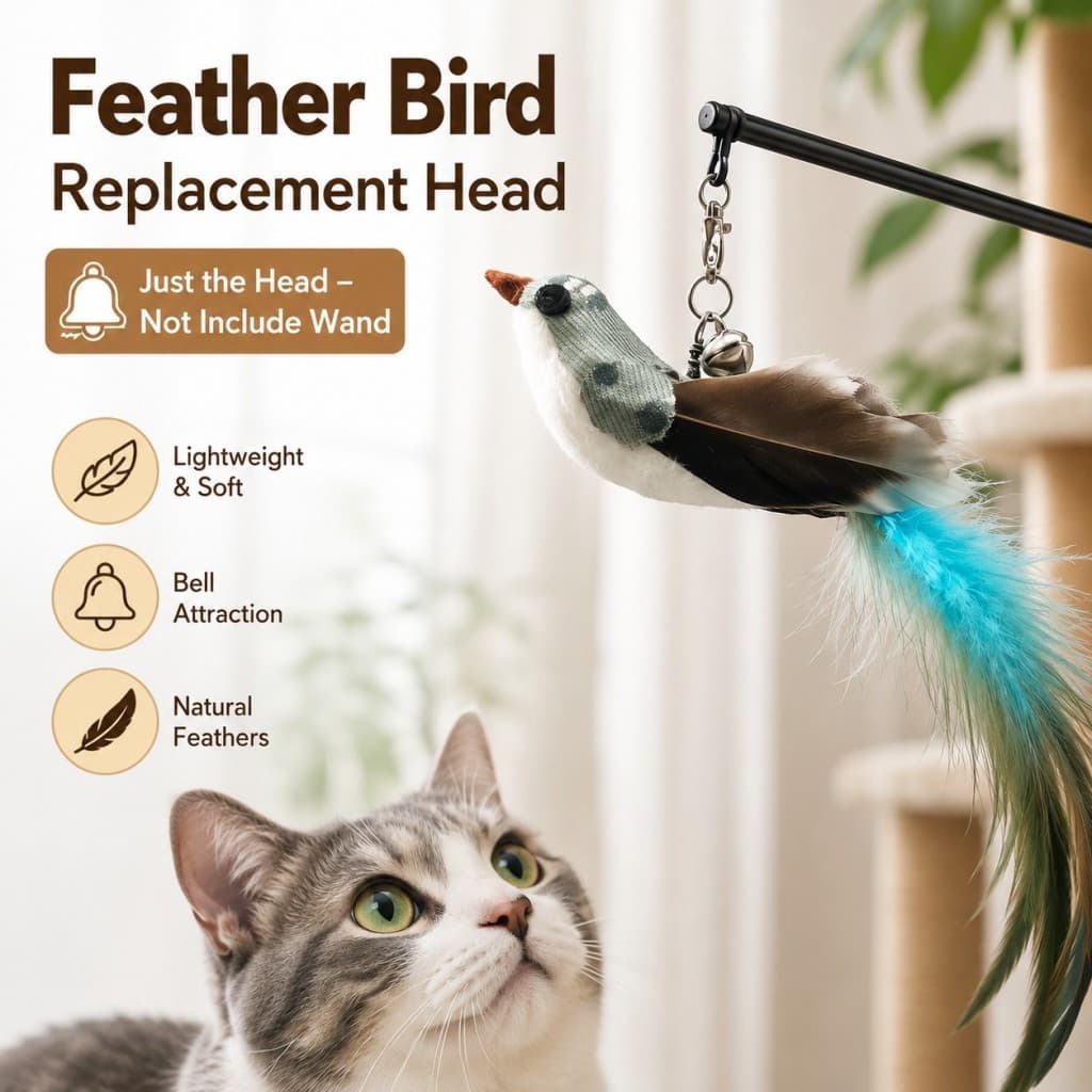 Cabeça de Reposição para Varinha de Gato com Pena de Pássaro e Sino, Acessório Interativo para Brinquedo de Gato