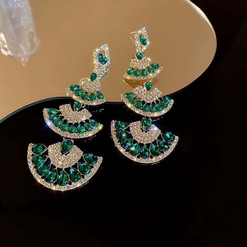 Brincos de leque cravejados de diamantes femininos estilo longo europeu americano exagerado brincos High-End temperament