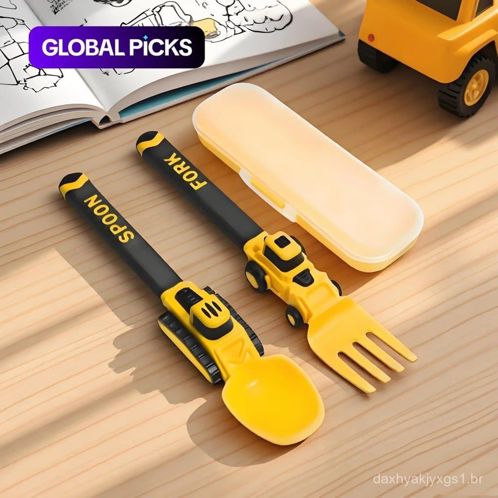 Utensílio Infantil Tema Veículo de Construção, Conjunto de Alimentação Durável de 3 Peças com Colher, Garfo e Estojo, An