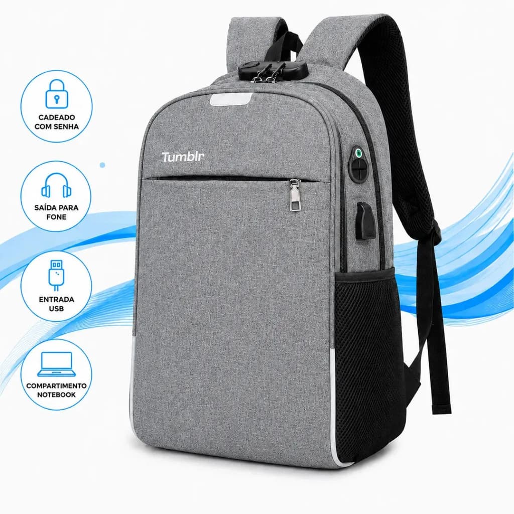Mochila antifurto para laptop de 15,6 polegadas com porta USB, bloqueio por senha, saída para fone de ouvido, capacidade