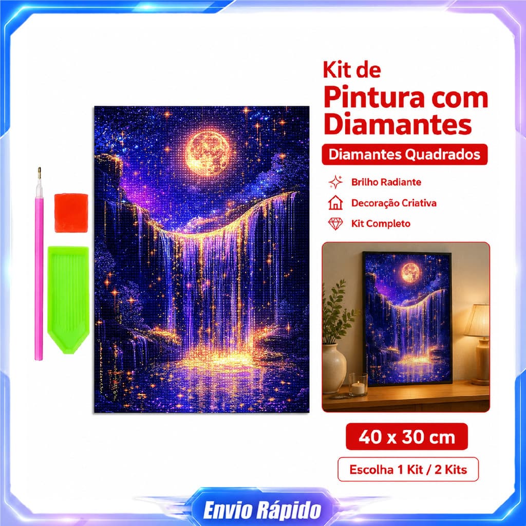 Kit pintura de diamante quadrado Cachoeira Estelar Roxa DIY 40x30cm tela caneta bandeja argila