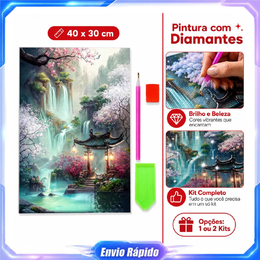 Kit pintura de diamante quadrado Cachoeira Jardim Florido DIY 40x30cm com tela caneta bandeja e argila inclusos