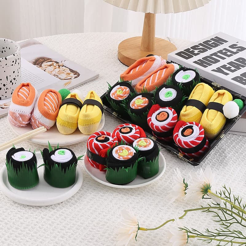 5 Pares de Meias de Algodão Criativas com Estampa de Sushi de Salmão em Caixa de Presente 5FH0