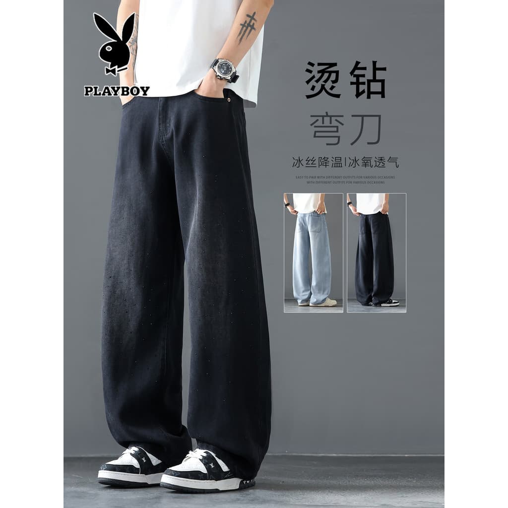 Playboy Lyocell Tencel Jeans Masculino Verão Fino Reto Calças de Perna Larga Machete Calça Casual