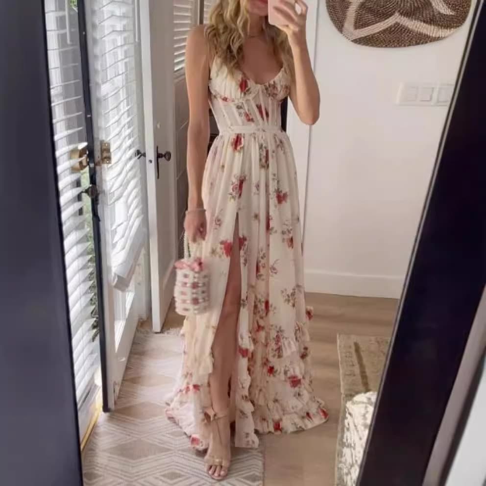 Novo estilo vestido estampado no peito enrolado à beira-mar férias saia longa