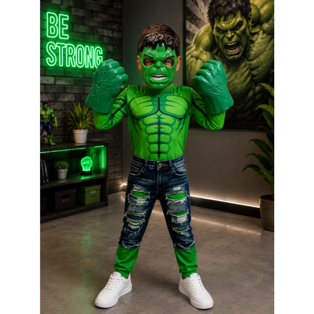 Kit Fantasia Infantil Hulk + Luva + Mascara de Plástico Roupa Macacão Longo C/Enchimento Meninos Diversão