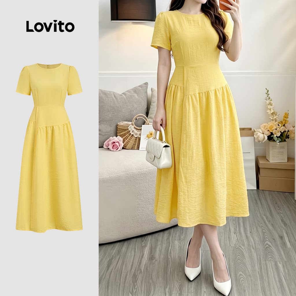 (New Arrival) Lovito Vestido Casual Pregas Textura Design Sense /verão Vestido Amarelo para mulheres LK7AD320