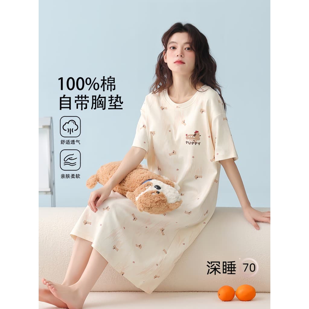 Herbal ocidental camisola feminina verão algodão puro com almofada no peito feminino de manga curta Wan pijamas feminino