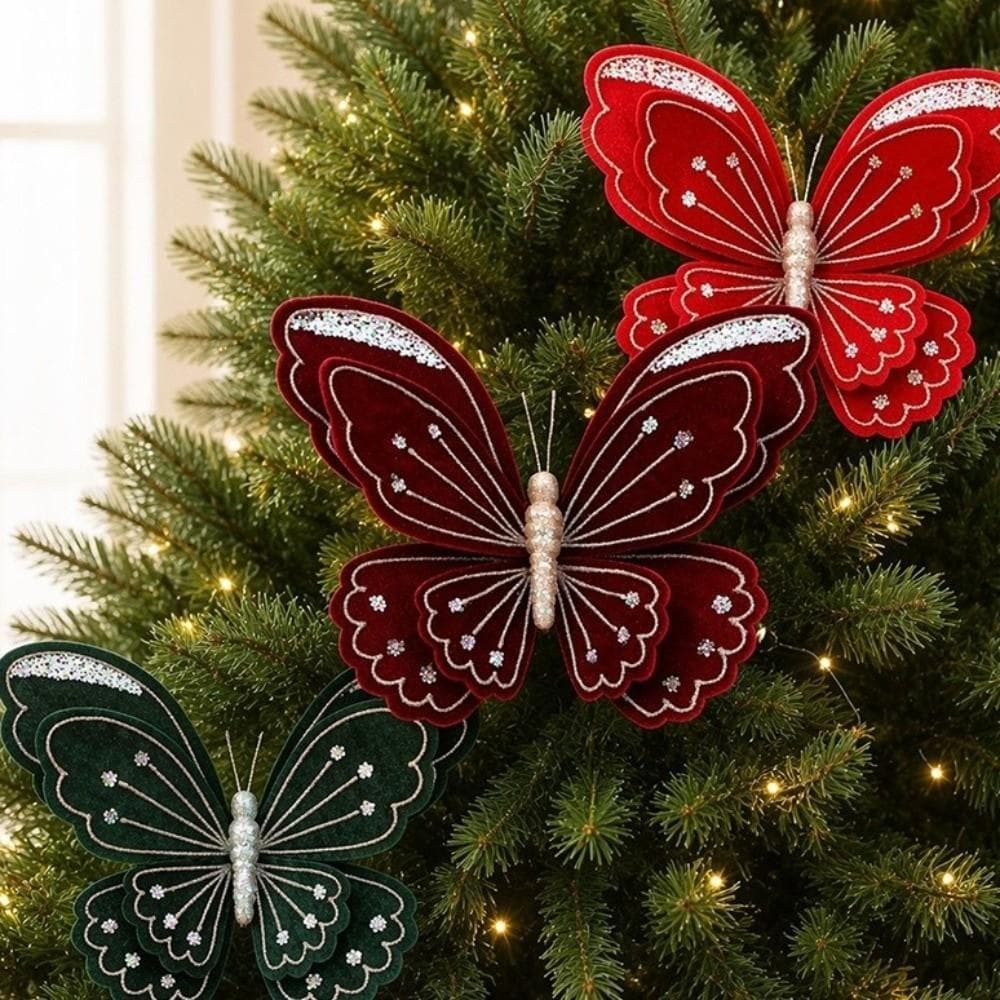 LILYES Borboleta De Glitter Artificial , Ornamento De Árvore De Natal Flocado Multicolorido , Revestido