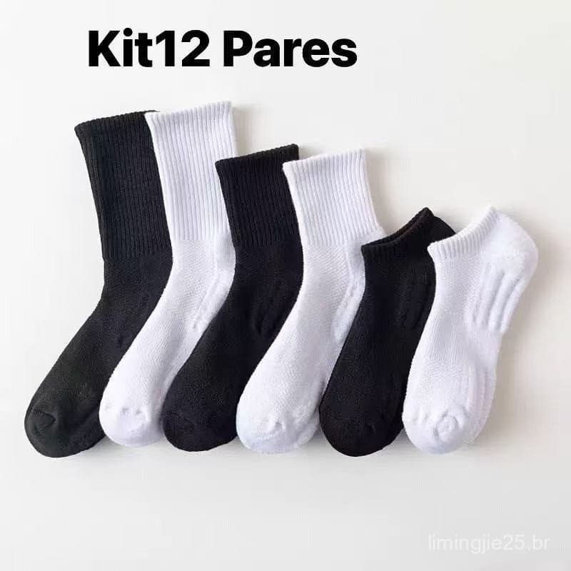 Kit 12 Pares Meias Cano Longo 75% de Algodão Preta Branca Masculina Feminina