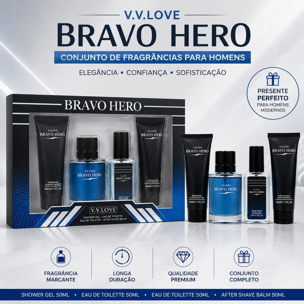 Kit Perfume Masculino Bravo Hero V.V.Love 4 Peças | Perfume + Mini Perfume + Gel de Banho + Bálsamo Pós-Barba