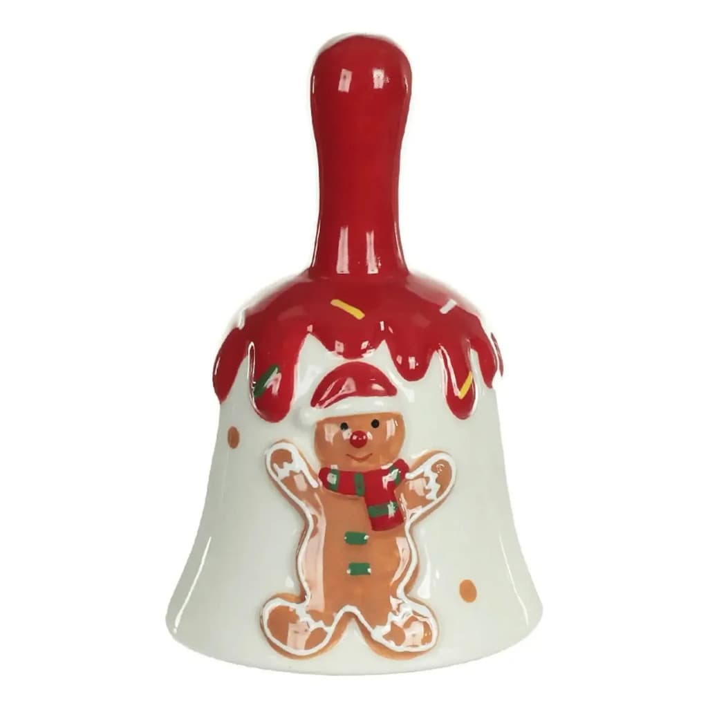 Sino de Natal em Cerâmica Boneco de Gengibre Branco e Vermelho Enfeite Natalino para Decorar e Presentear