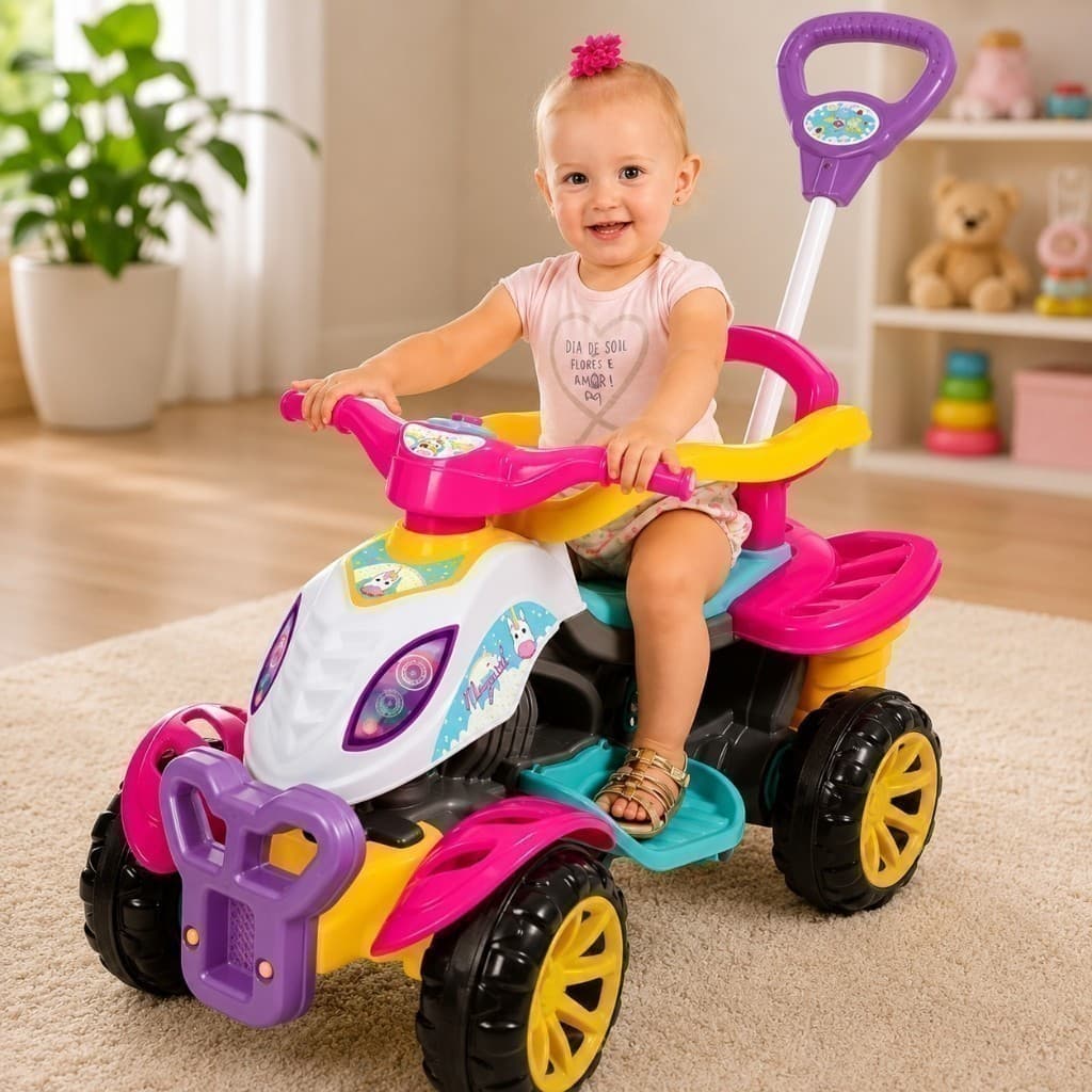 Carrinho Quadriciclo Infantil Rosa Pedal Guia Empurrar Passeio Menina Crianca Brinquedo Presente