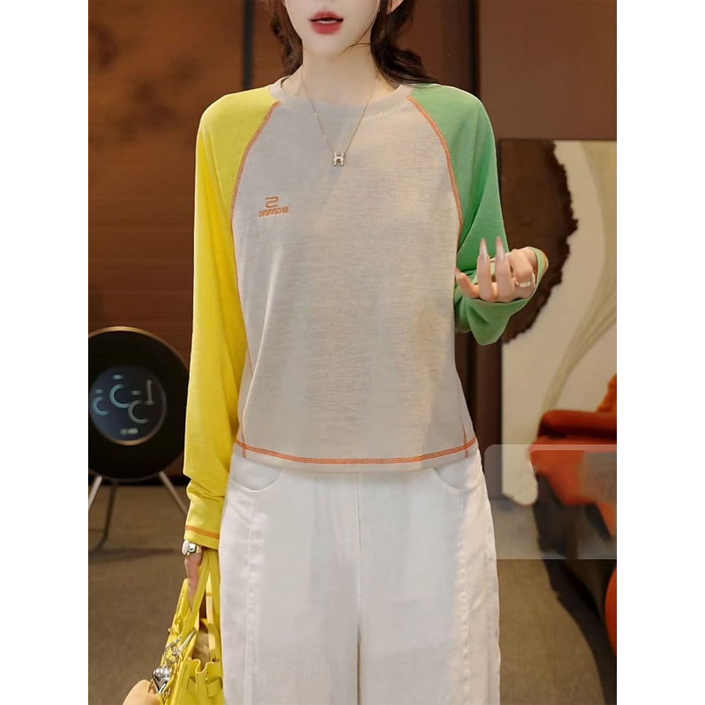 Manga Raglan contraste cor manga comprida protetor solar camiseta feminina verão fino ar condicionado blusa 2026 novo es