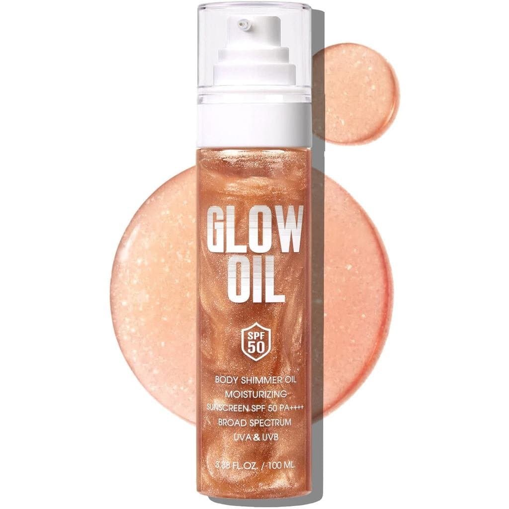 Óleo Corporal Iluminador, Protetor Solar Corporal com Brilho e Glitter, FPS 50 de Amplo Espectro, com Mica e Lantejoulas