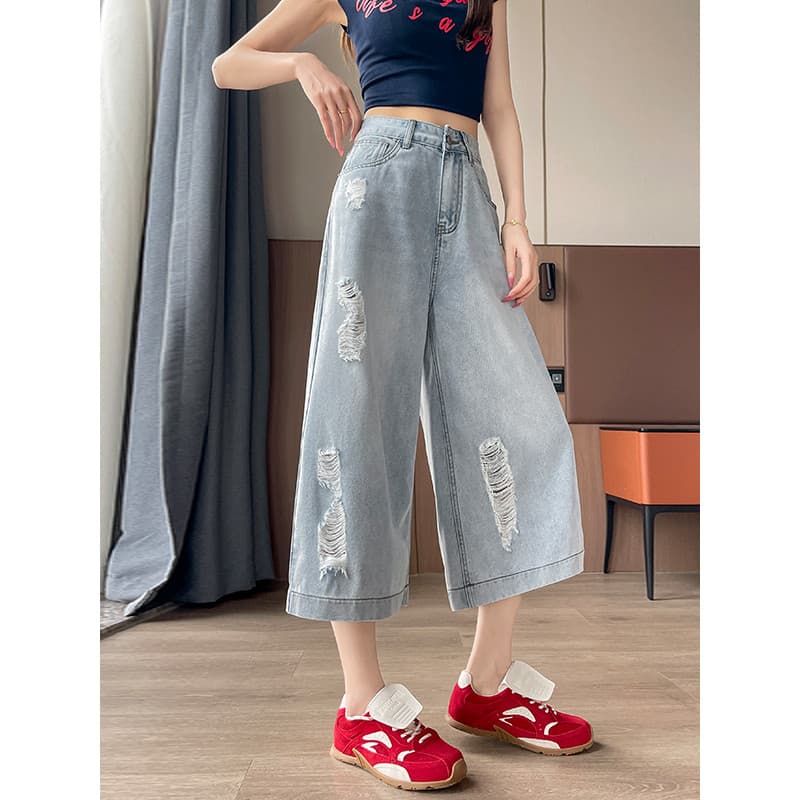 Lyocell Tencel Cropped Rasgado Jeans de Perna Larga Mulheres Verão Fino Fresco Seda Gelo Pequenas Calças de 7 Pontos
