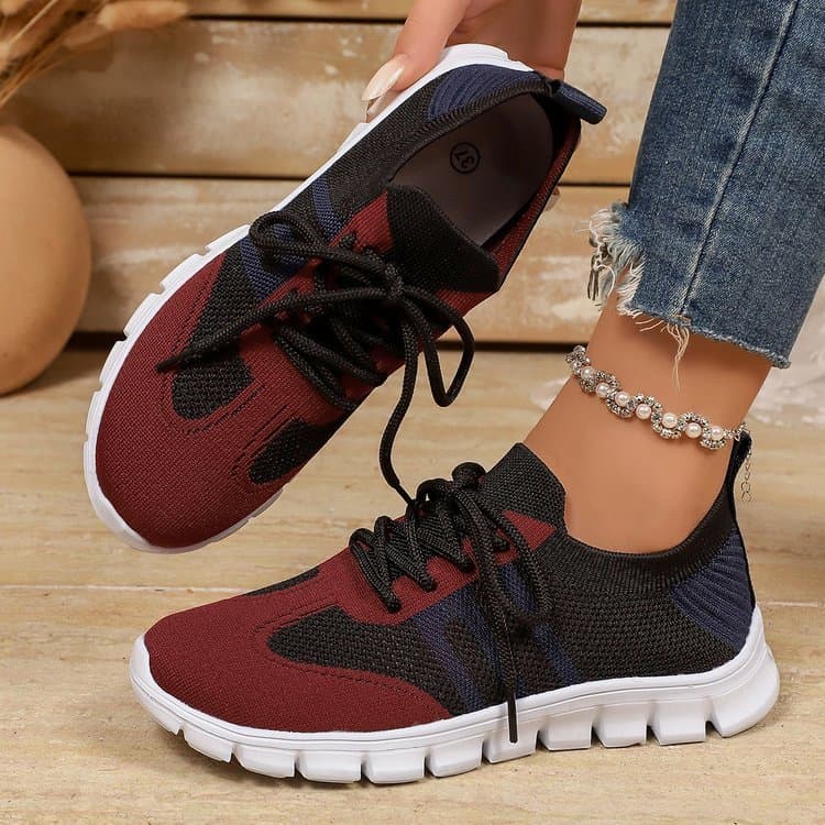 Senhoras novo estilo tênis de malha malha respirável vinho vermelho preto azul marinho contraste cor rendas meias tipo b